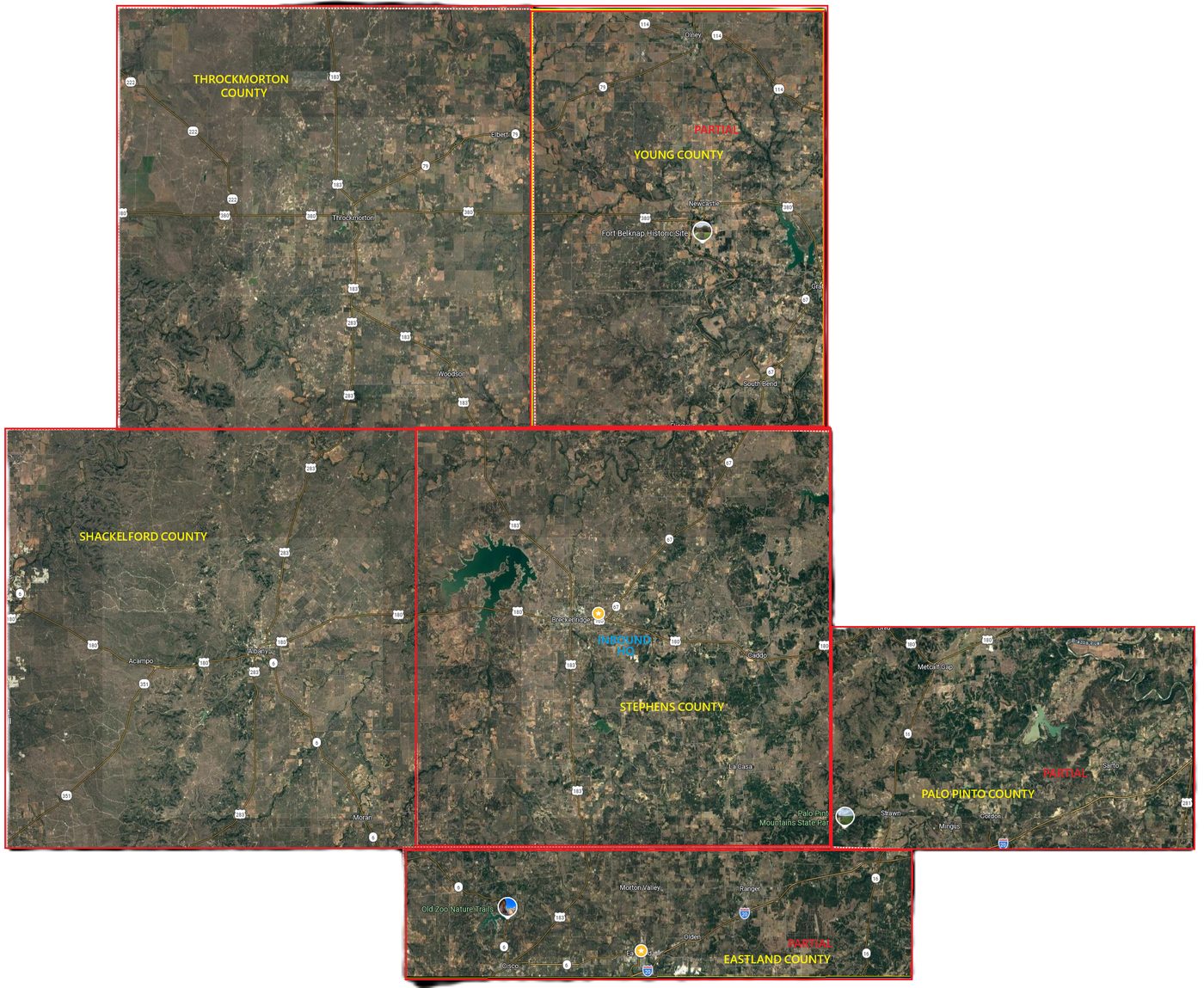 Satellite map of the INBOUND service footprint centred on Breckenridge, Texas. Stephens, Shackelford and Throckmorton counties are outlined in full; Young, Palo Pinto and Eastland counties are outlined and marked partial.